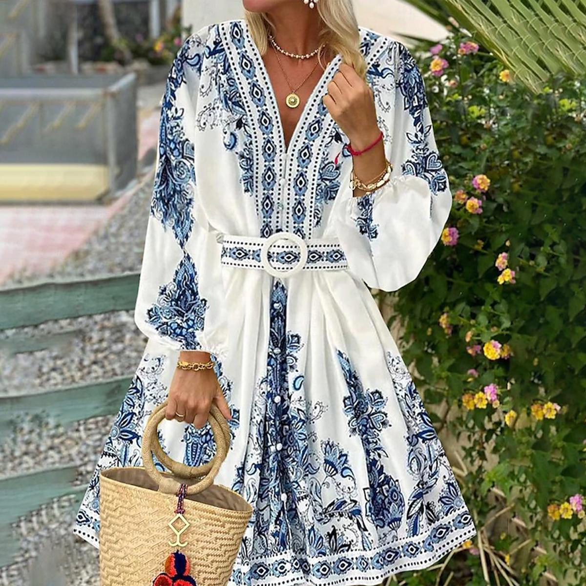 VIANELA™ - V-HALS MINI-JURK MET LANGE MOUWEN