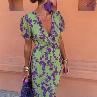 CHLOISE™ - V-HALS KORTE MOUW MAXI-JURK