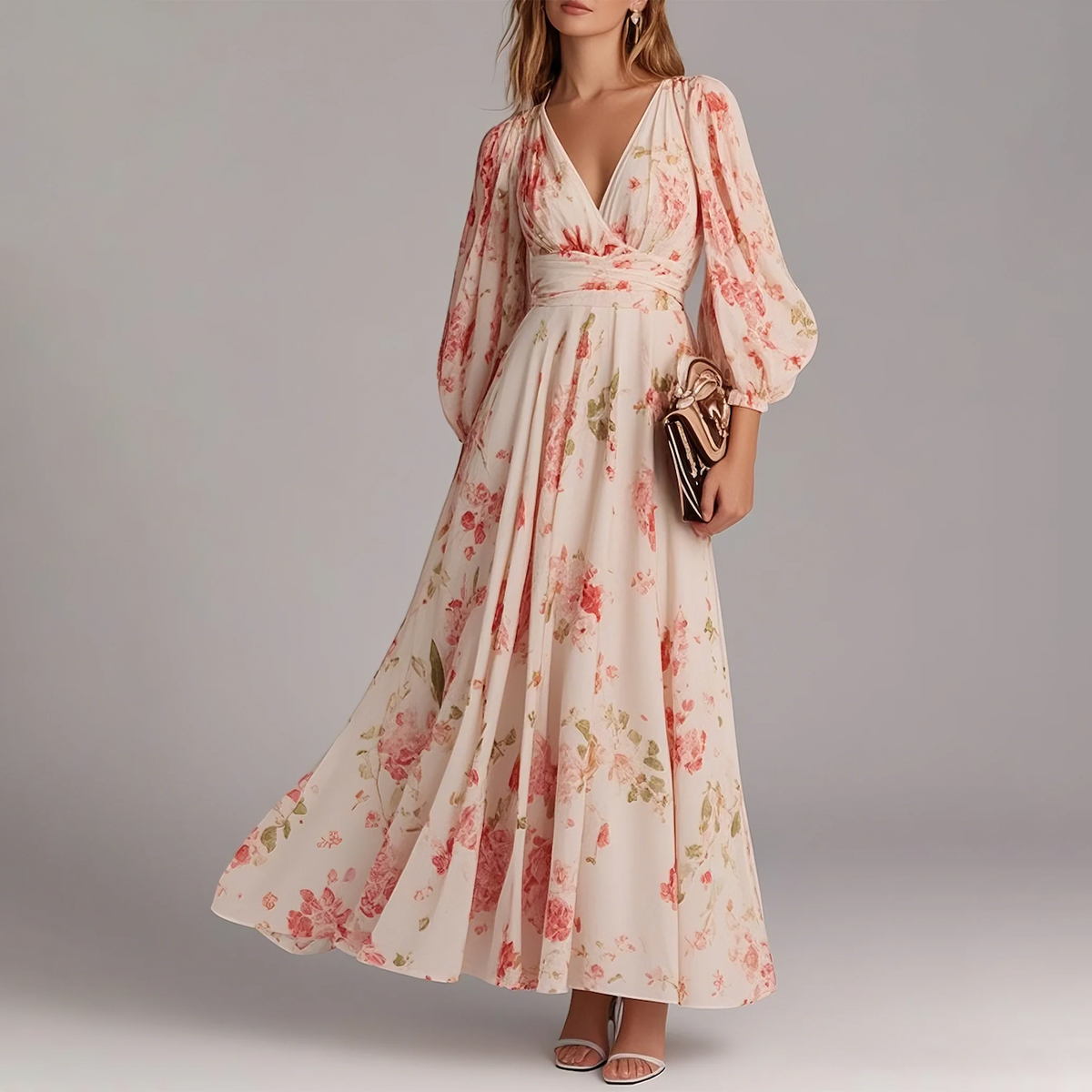 ARNELIA™ - BLOEMENPRINT V-HALS MAXI-JURK