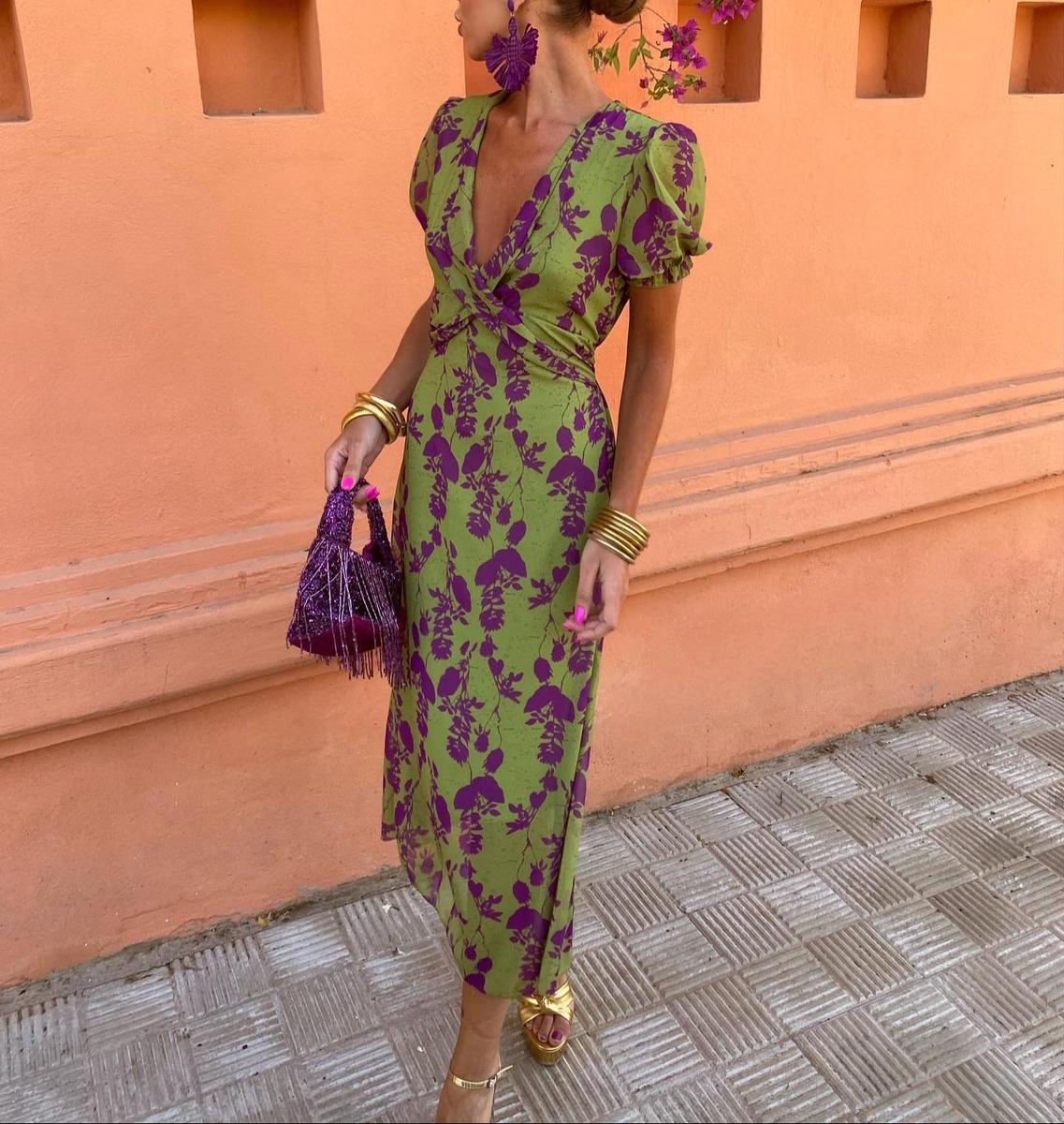 CHLOISE™ - V-HALS KORTE MOUW MAXI-JURK