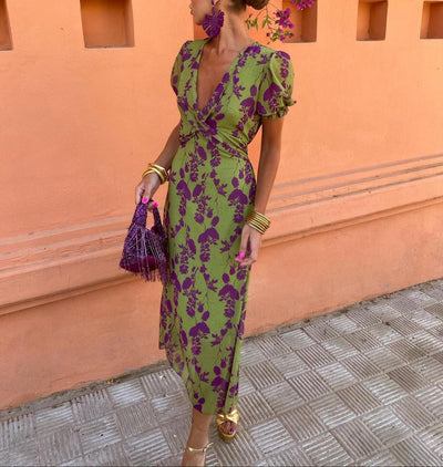 CHLOISE™ - V-HALS KORTE MOUW MAXI-JURK