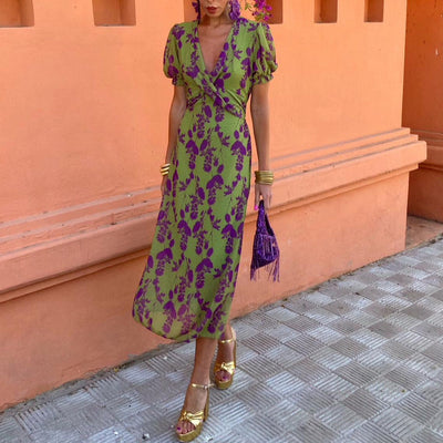 CHLOISE™ - V-HALS KORTE MOUW MAXI-JURK