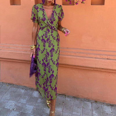 CHLOISE™ - V-HALS KORTE MOUW MAXI-JURK